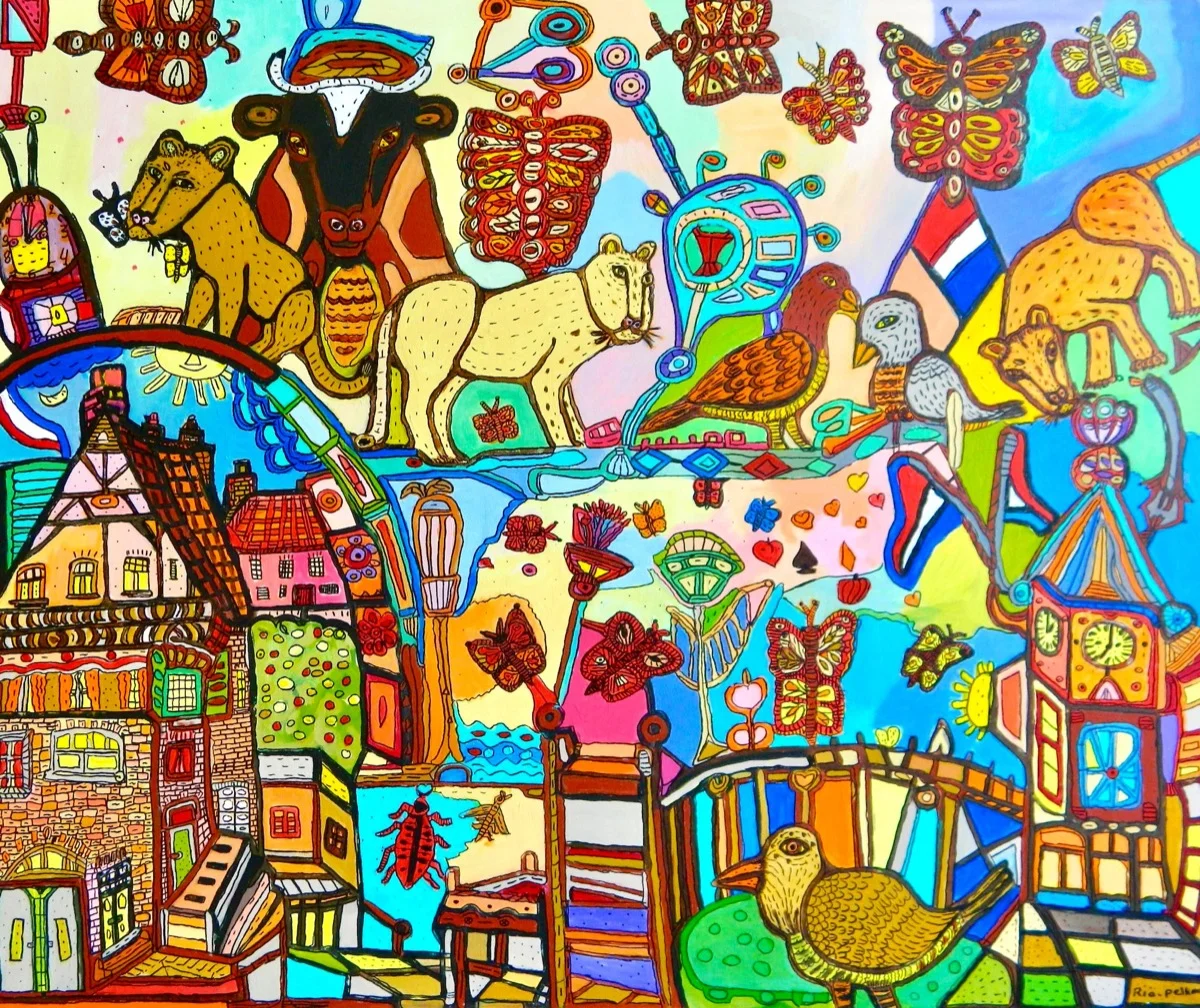 De brug naar ... — schilderij door Ria Pelkmans, 100 × 120 cm